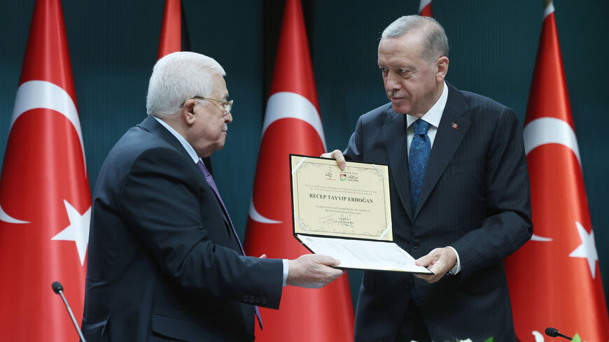 Palestinian President Mahmoud Abbas (L) meet with Turkish President Recep Tayyip Erdogan, Ankara, Turkey, July 25, 2023.