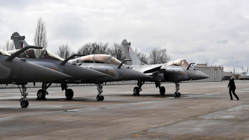 Rafale fighter jets are seen with Qatar's colors during a ceremony for the delivery to Qatar of the first of 36 Rafale multipurpose fighter jets from French manufacturer Dassault, Merignac, France, Feb. 6, 2019.