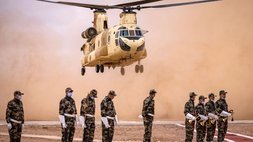 A Royal Moroccan Air Force CH-47 Chinook military helicopter takes off during the second annual "African Lion" military exercise in the Tan-Tan region in southwestern Morocco on June 30, 2022. (Photo by FADEL SENNA / AFP) (Photo by FADEL SENNA/AFP via Getty Images)