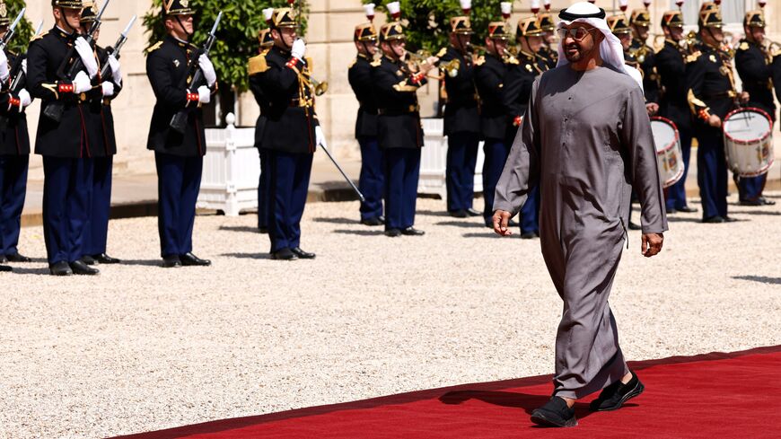 United Arab Emirates President Sheikh Mohamed bin Zayed Al-Nahyan arrives at the Elysee Palace for a working lunch with France's President, in Paris, on July 18, 2022. - Emmanuel Macron welcomes the United Arab Emirates President Sheikh Mohamed bin Zayed Al-Nahyan, nicknamed MBZ, at the Elysee Palace on July 18, 2022, whose state visit "will confirm the strong ties" between France and the rich Gulf oil country, the Elysee Palace announced on July 14, 2022. (Photo by Ludovic MARIN / AFP) (Photo by LUDOVIC MA