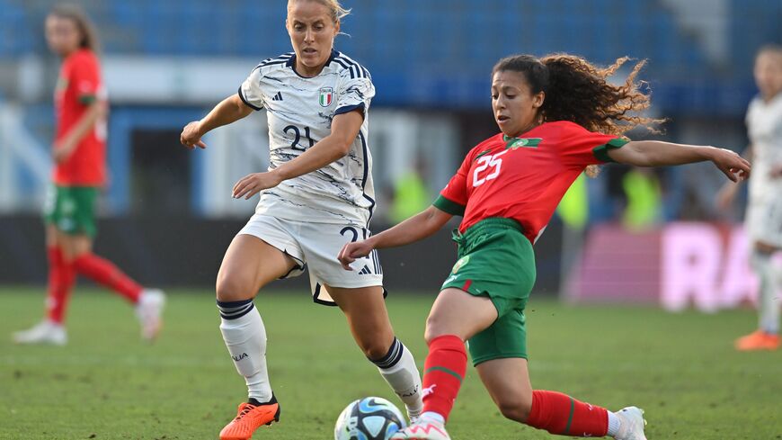 Valentina Cernoia of Italy competes for the ball with Fatima Gharbi of Morocco during the Women´s International Friendly match between Italy and Morocco at Stadio Paolo Mazza on July 01, 2023 in Ferrara, Italy. (Photo by Alessandro Sabattini/Getty Images)